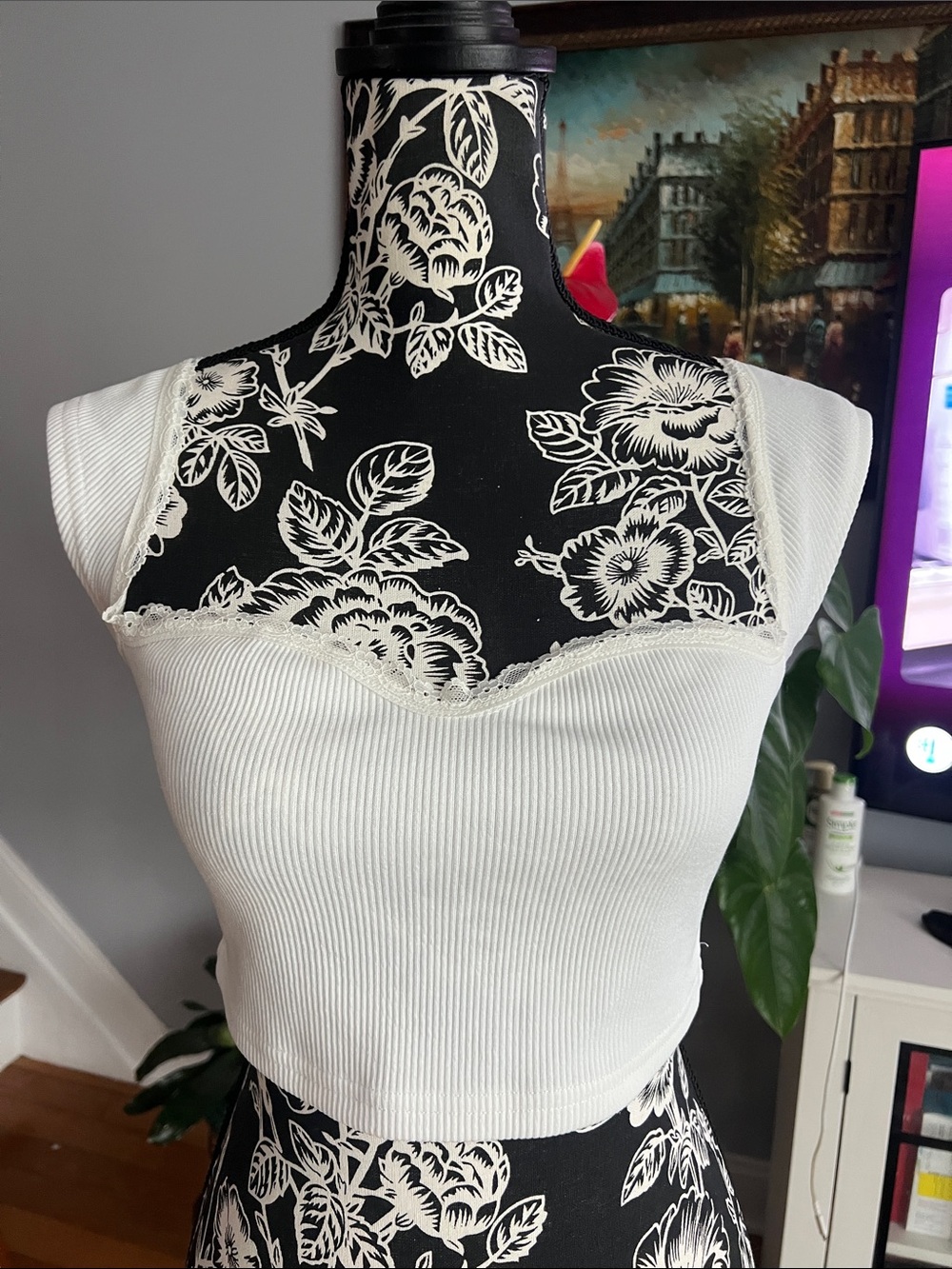 Classic White Ribbed Lace-Trim Crop Tank Top